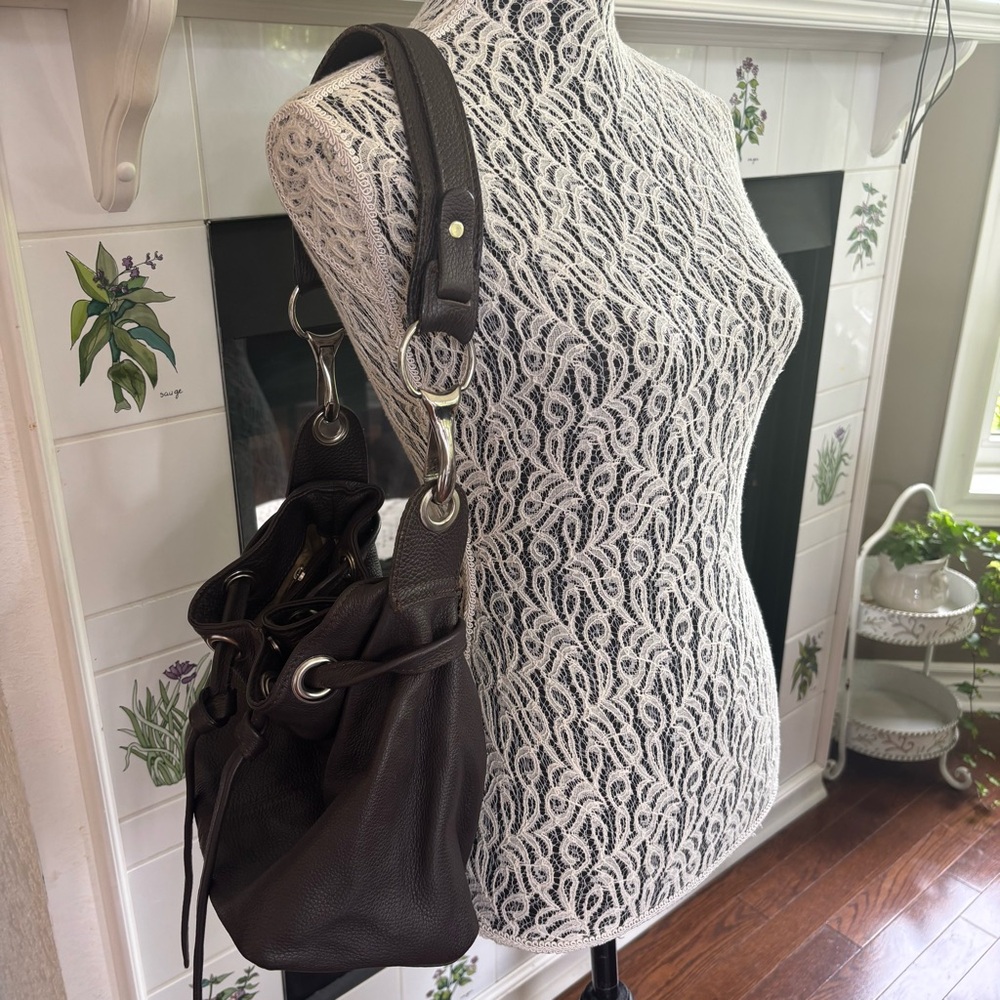 Designer Italian Brown Leather Bucket Shoulder Bag